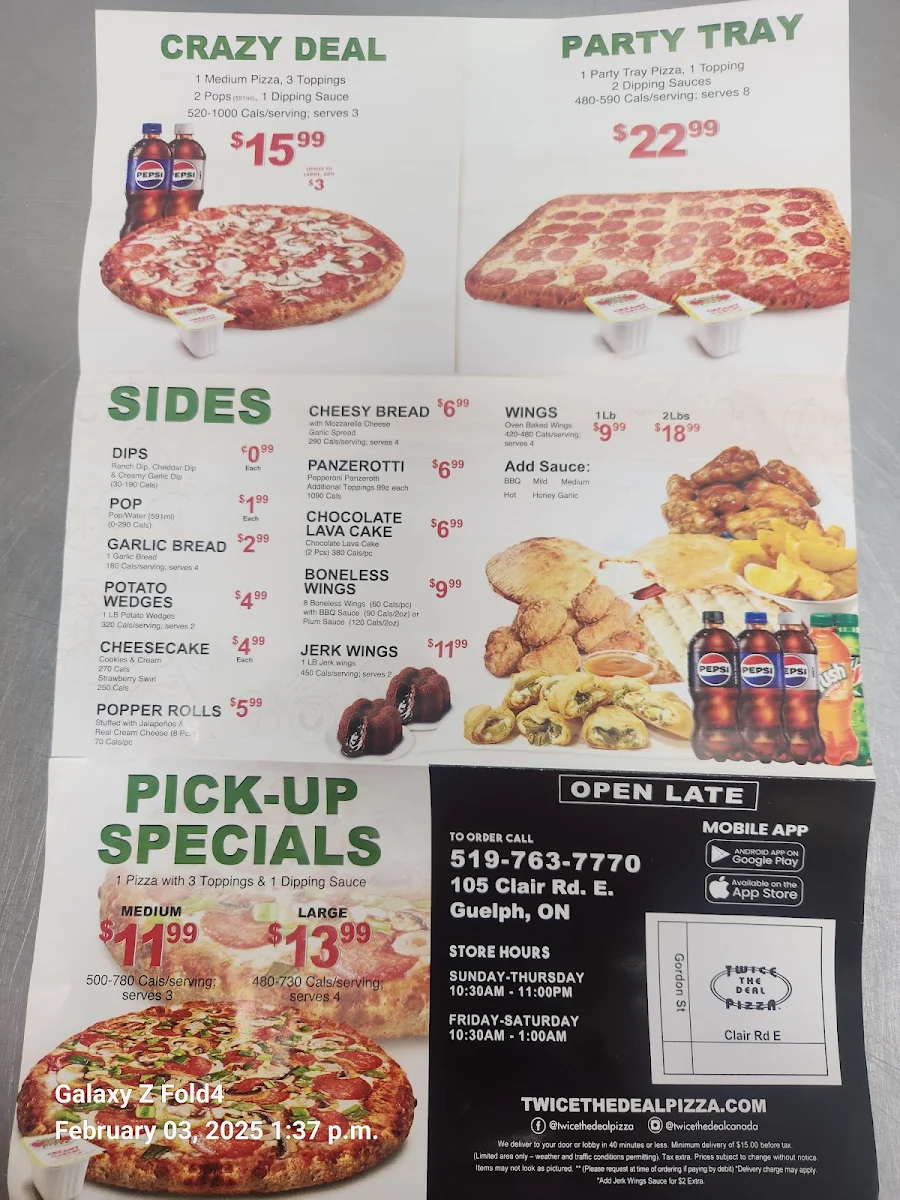 Menu, Twice The Deal Pizza