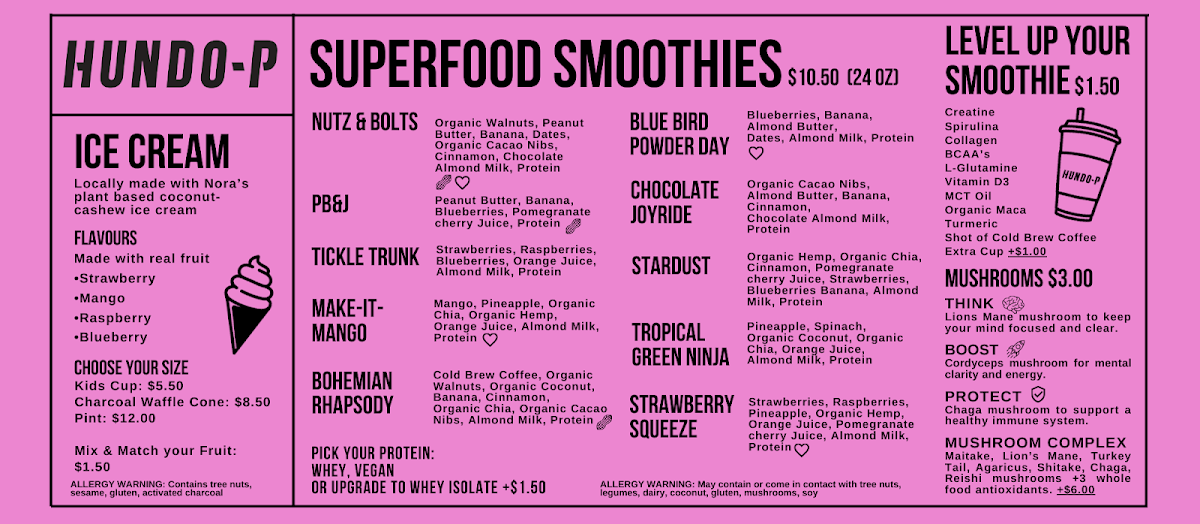 Menu, Hundo-P Smoothies + Ice Cream