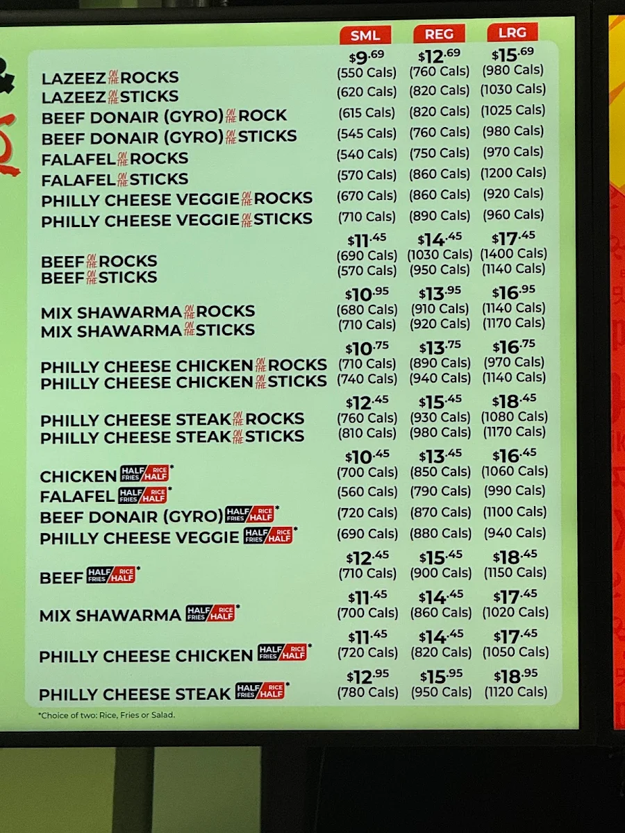 Menu, Lazeez Shawarma