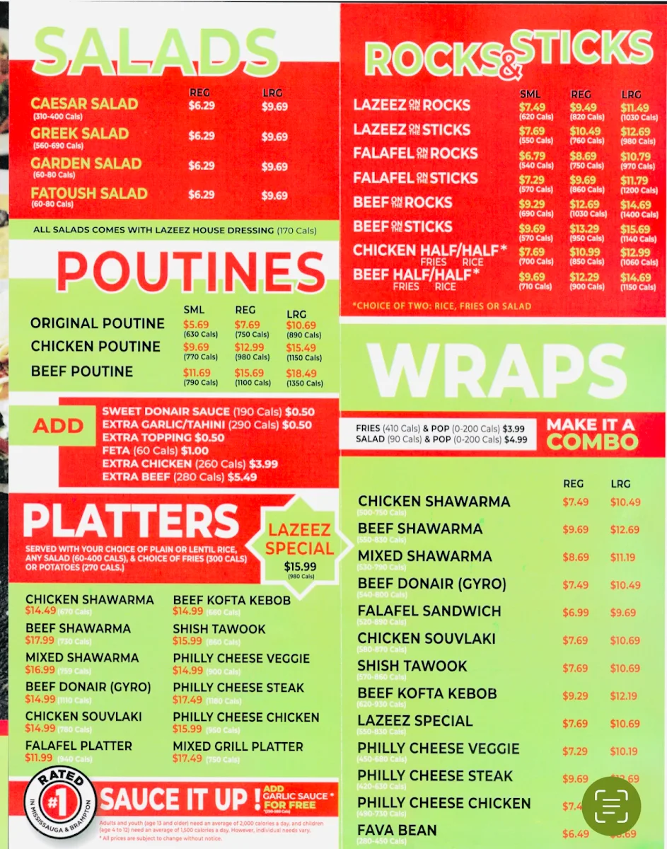 Menu, Lazeez Shawarma
