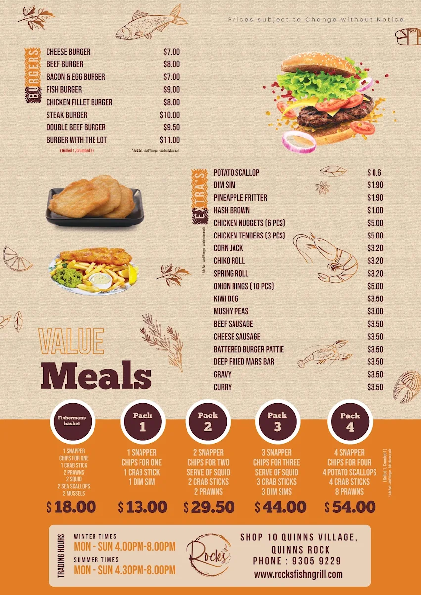 Menu, Rocks Fish 'n' Grill