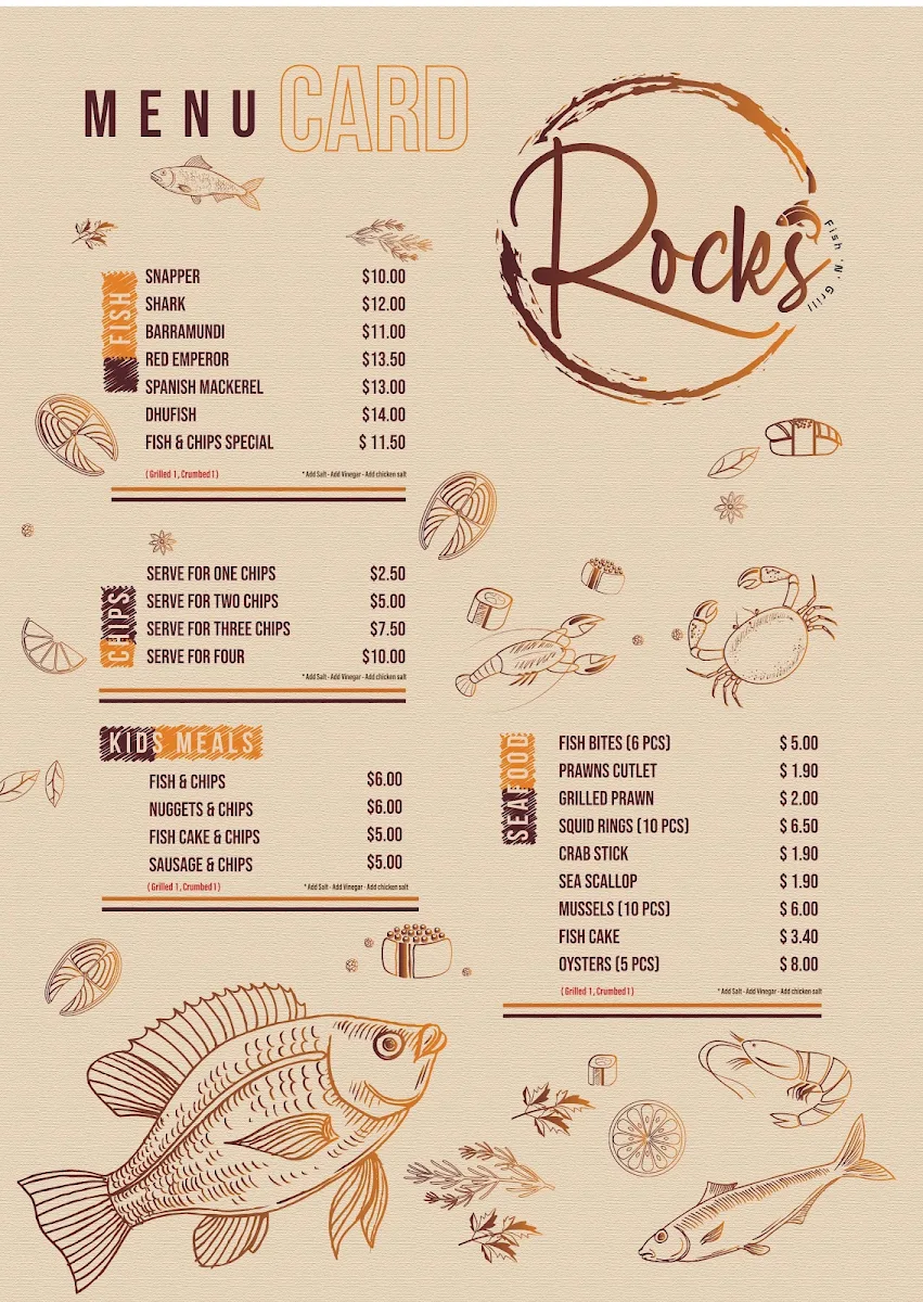 Menu, Rocks Fish 'n' Grill