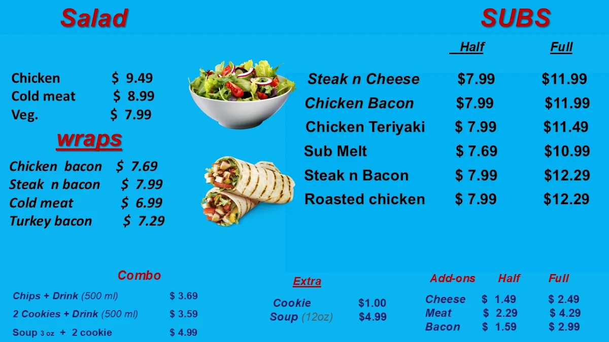 Menu, Prescott Sub Shop