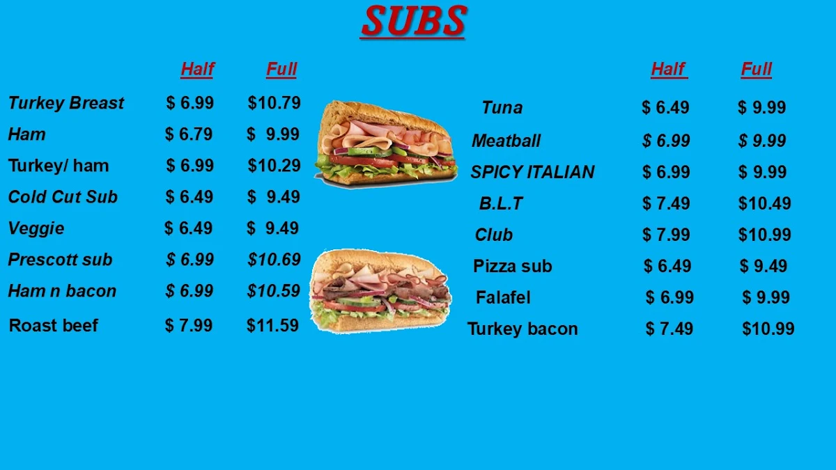 Menu, Prescott Sub Shop