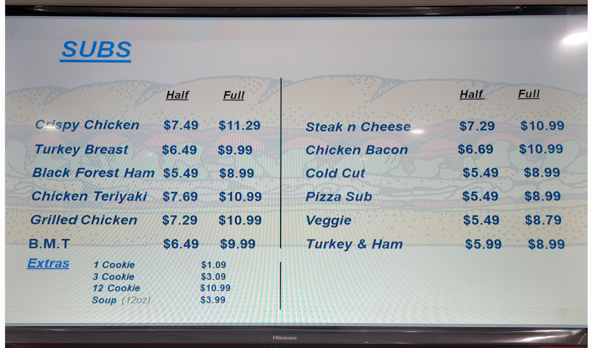 Menu, Prescott Sub Shop