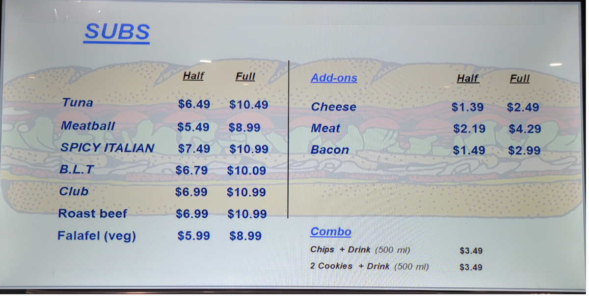 Menu, Prescott Sub Shop