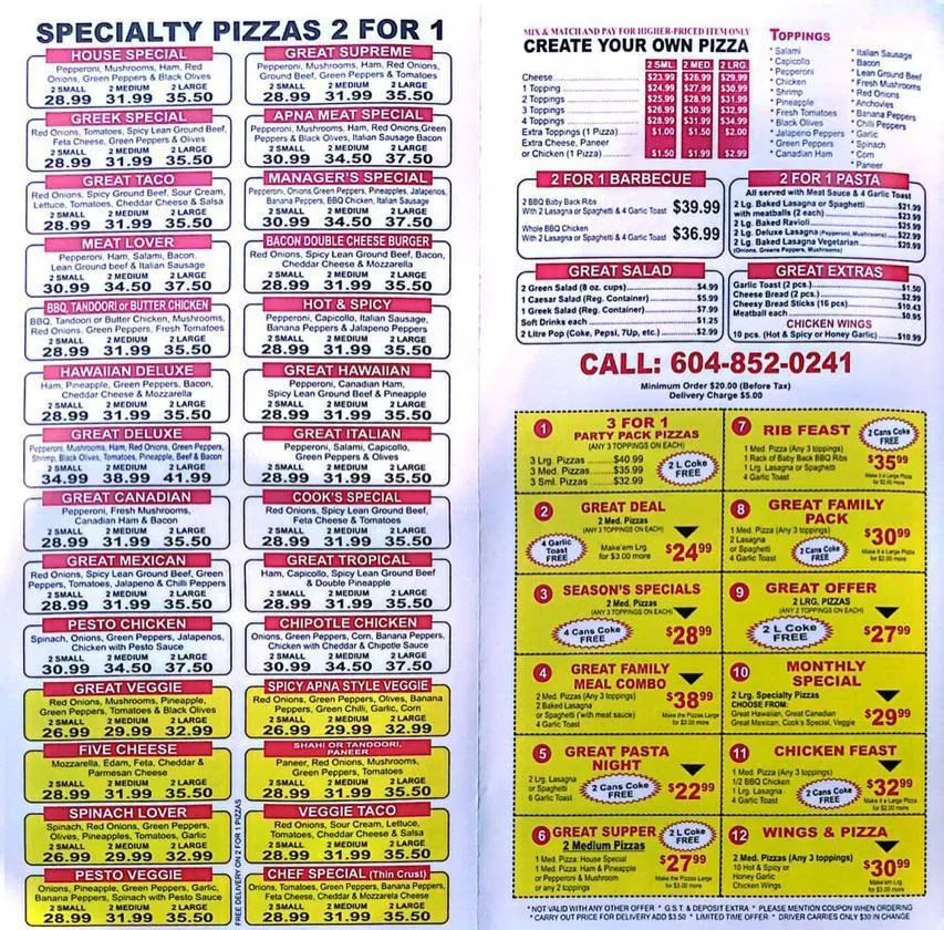 Menu, Great Pizza and Indian Cuisine