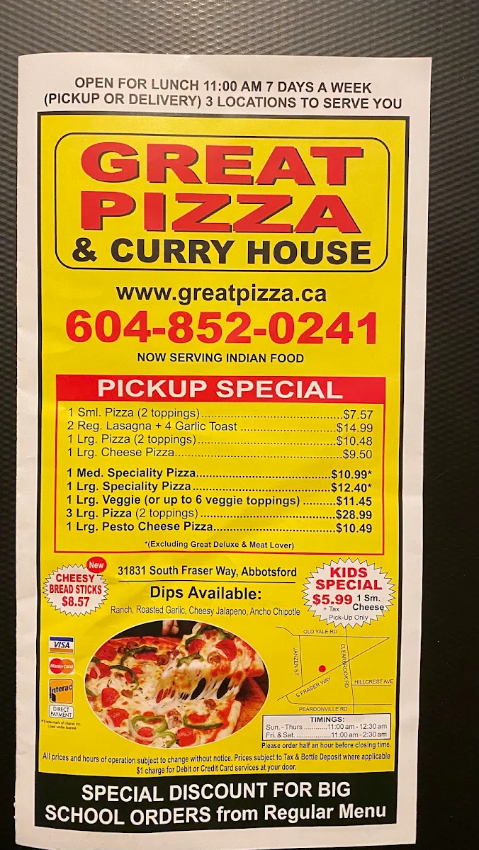 Menu, Great Pizza and Indian Cuisine