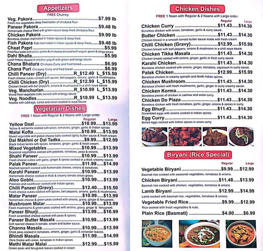 Menu, Great Pizza and Indian Cuisine