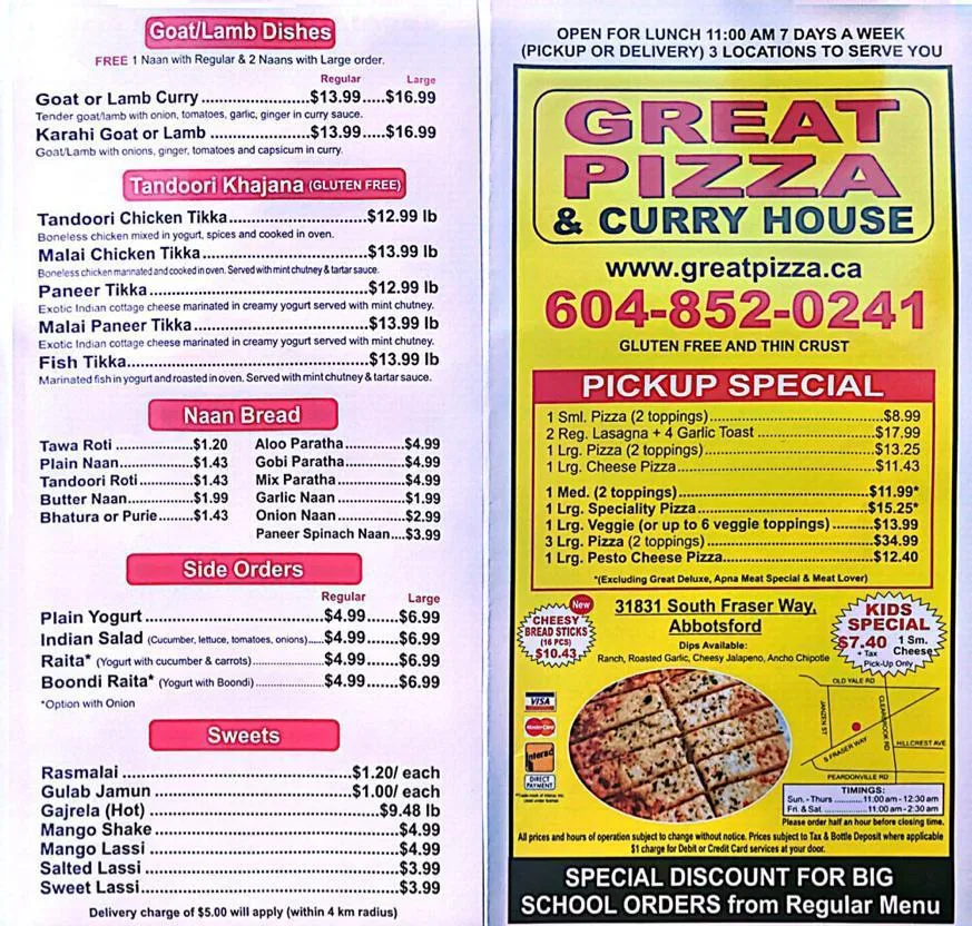 Menu, Great Pizza and Indian Cuisine