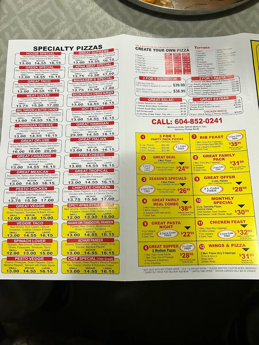 Menu, Great Pizza and Indian Cuisine