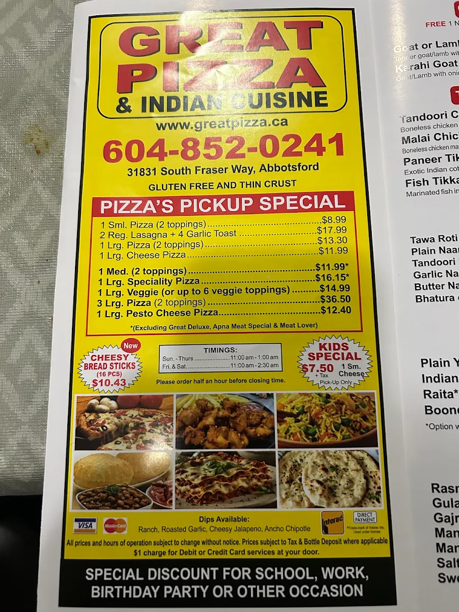 Menu, Great Pizza and Indian Cuisine