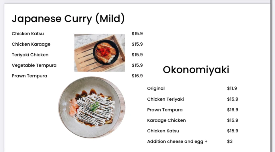 Menu, Sushi Kasumi