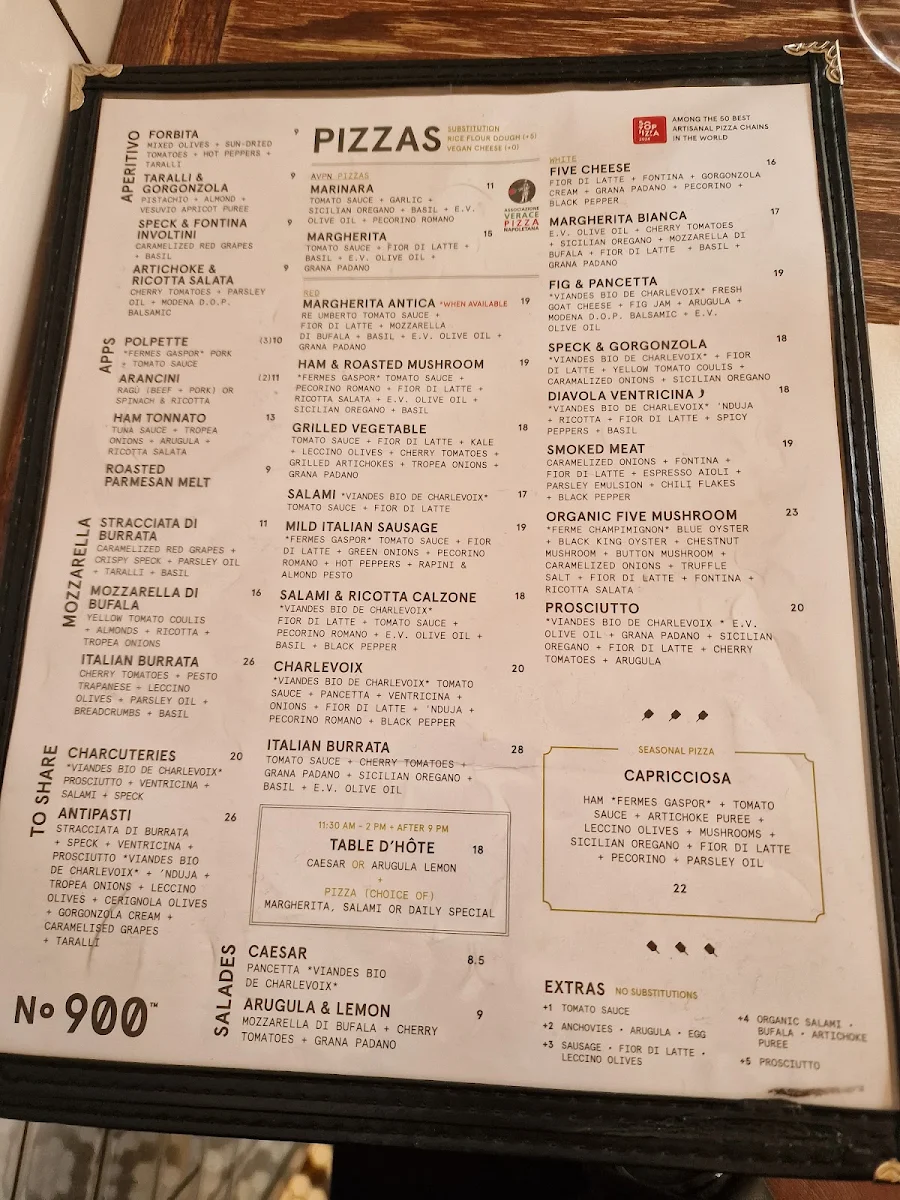 Menu, Pizzéria NO.900 - Peel, Montréal