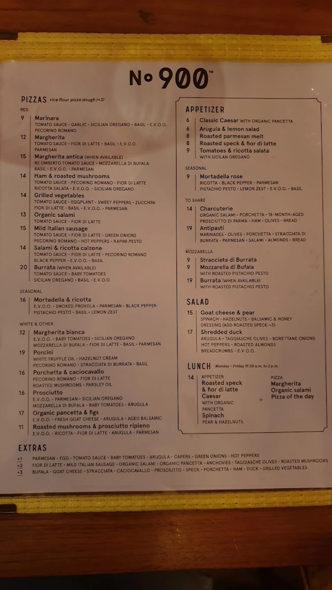 Menu, Pizzéria NO.900 - Peel, Montréal