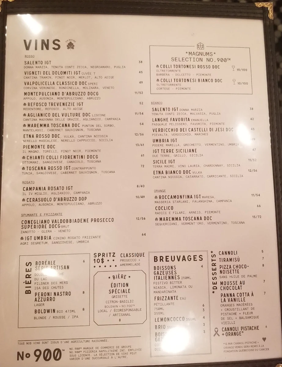 Menu, Pizzéria NO.900 - Peel, Montréal