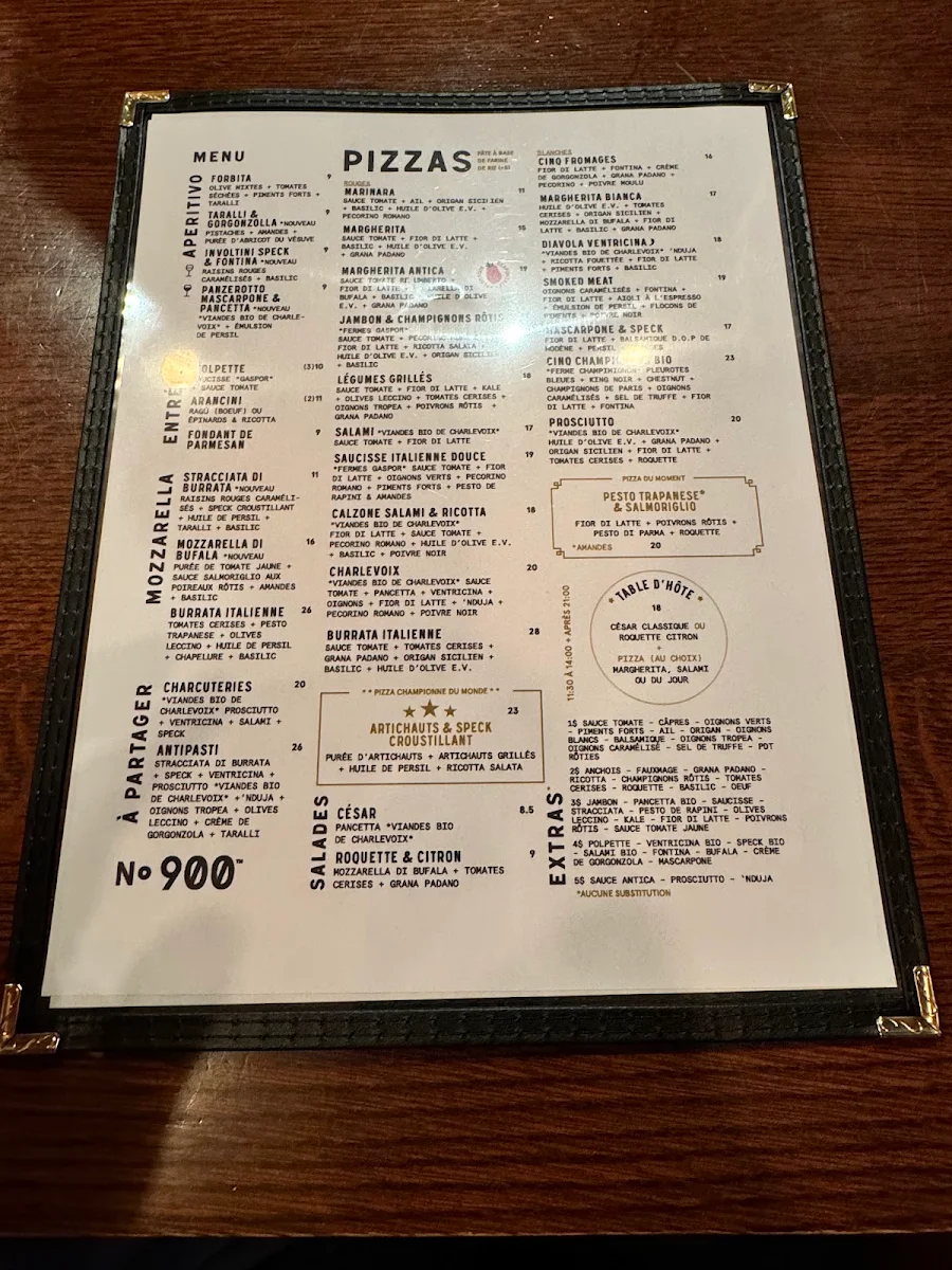 Menu, Pizzéria NO.900 - Peel, Montréal