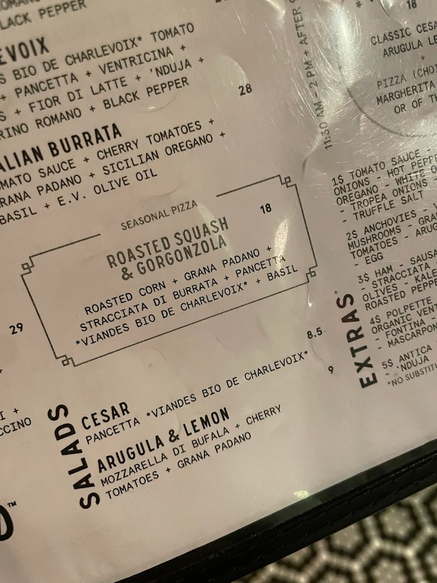 Menu, Pizzéria NO.900 - Peel, Montréal