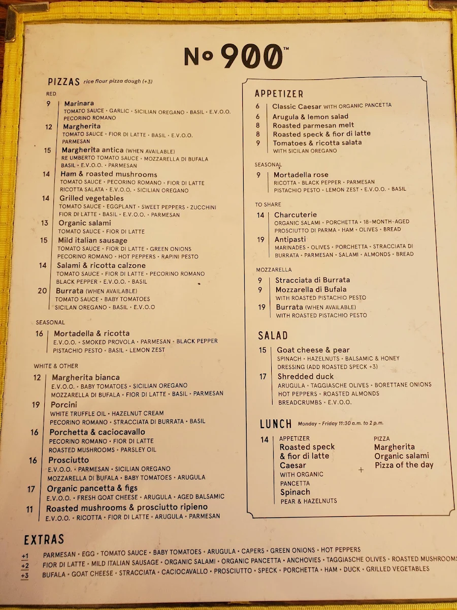 Menu, Pizzéria NO.900 - Peel, Montréal
