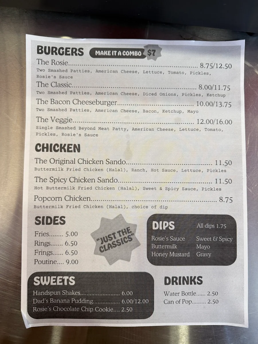 Menu, Rosie’s Burgers - 8th Street
