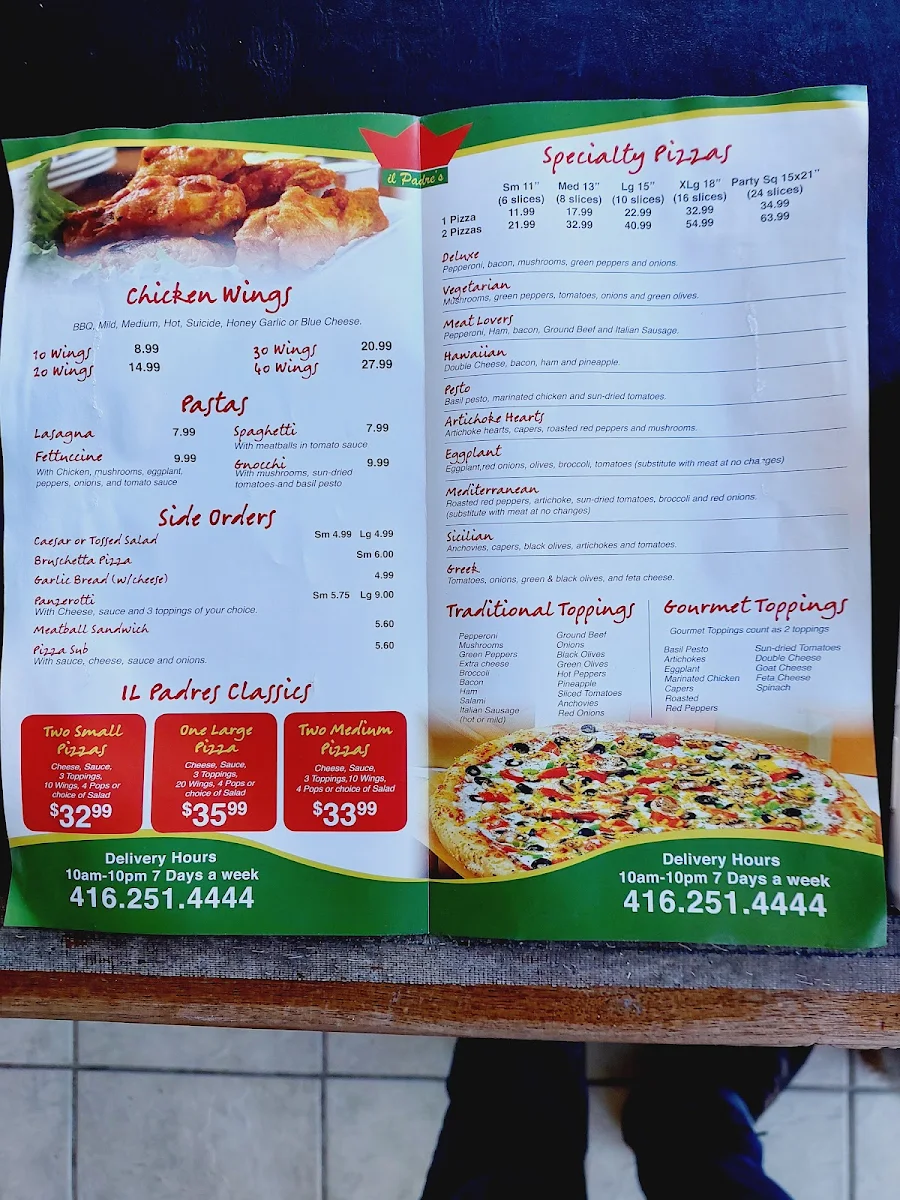 Menu, IL Padre's Gourmet Pizza