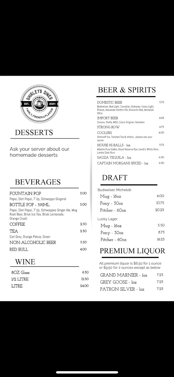 Menu, Shirley's Diner