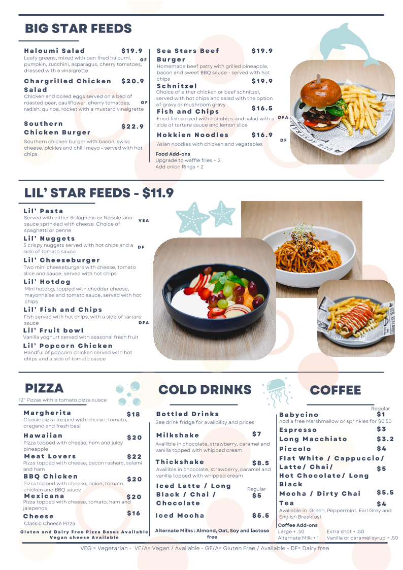 Menu, Sea Stars Play Cafe