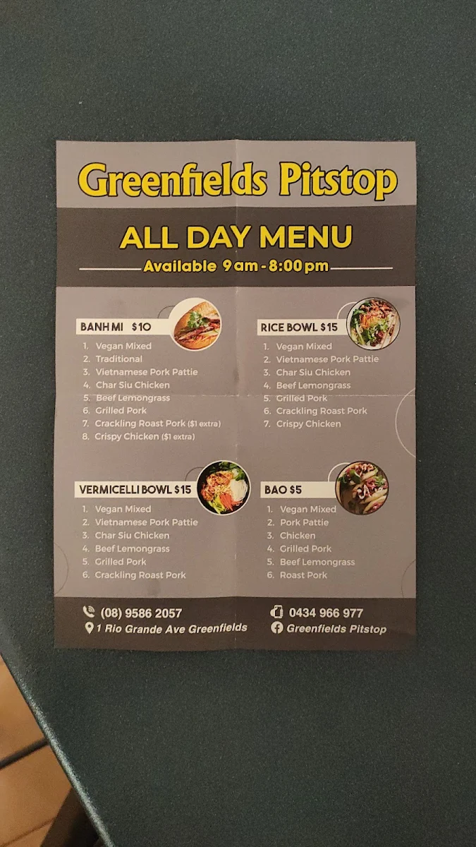 Menu, Greenfields Pitstop Deli & Bakery