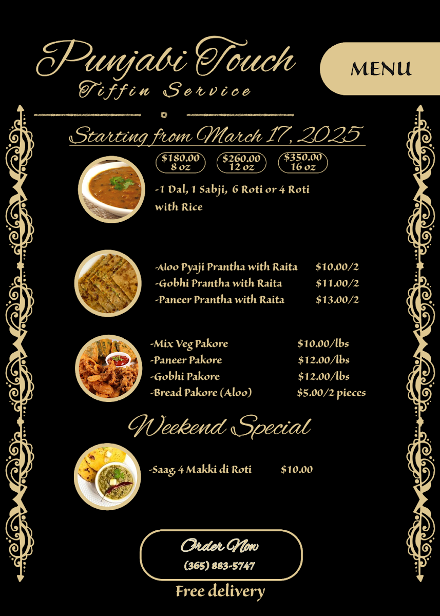 Menu, Punjabi Touch Tiffin Service