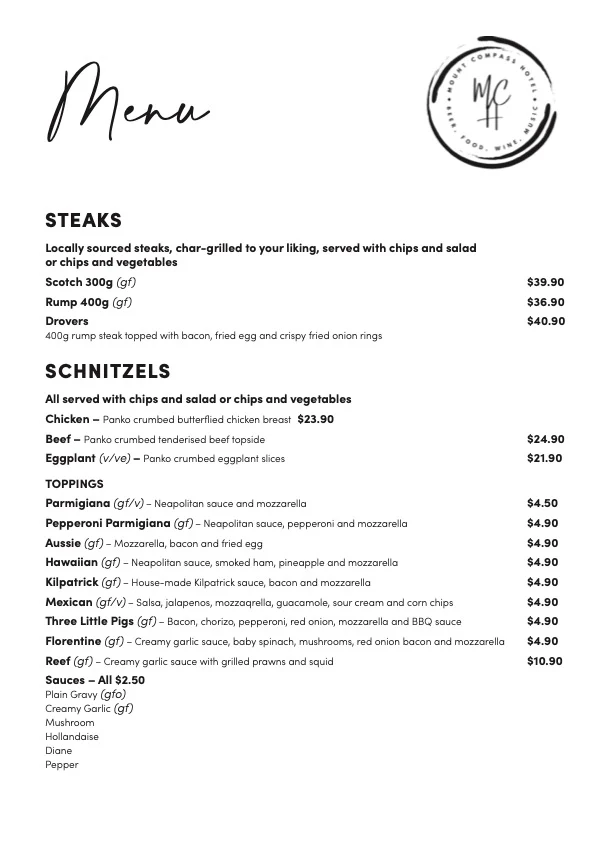 Menu, Mount Compass Hotel