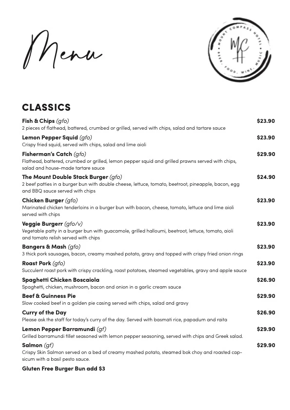 Menu, Mount Compass Hotel