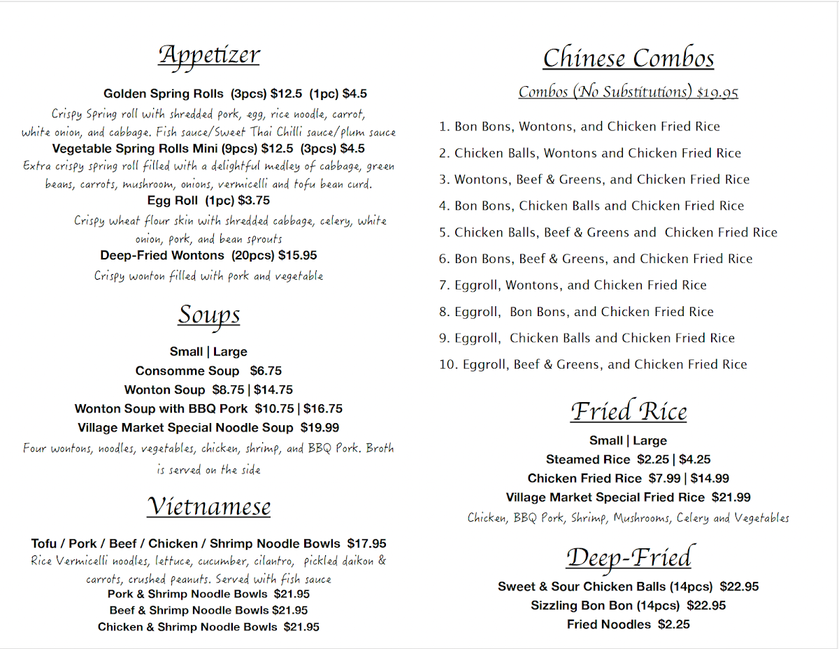 Menu, Village Market