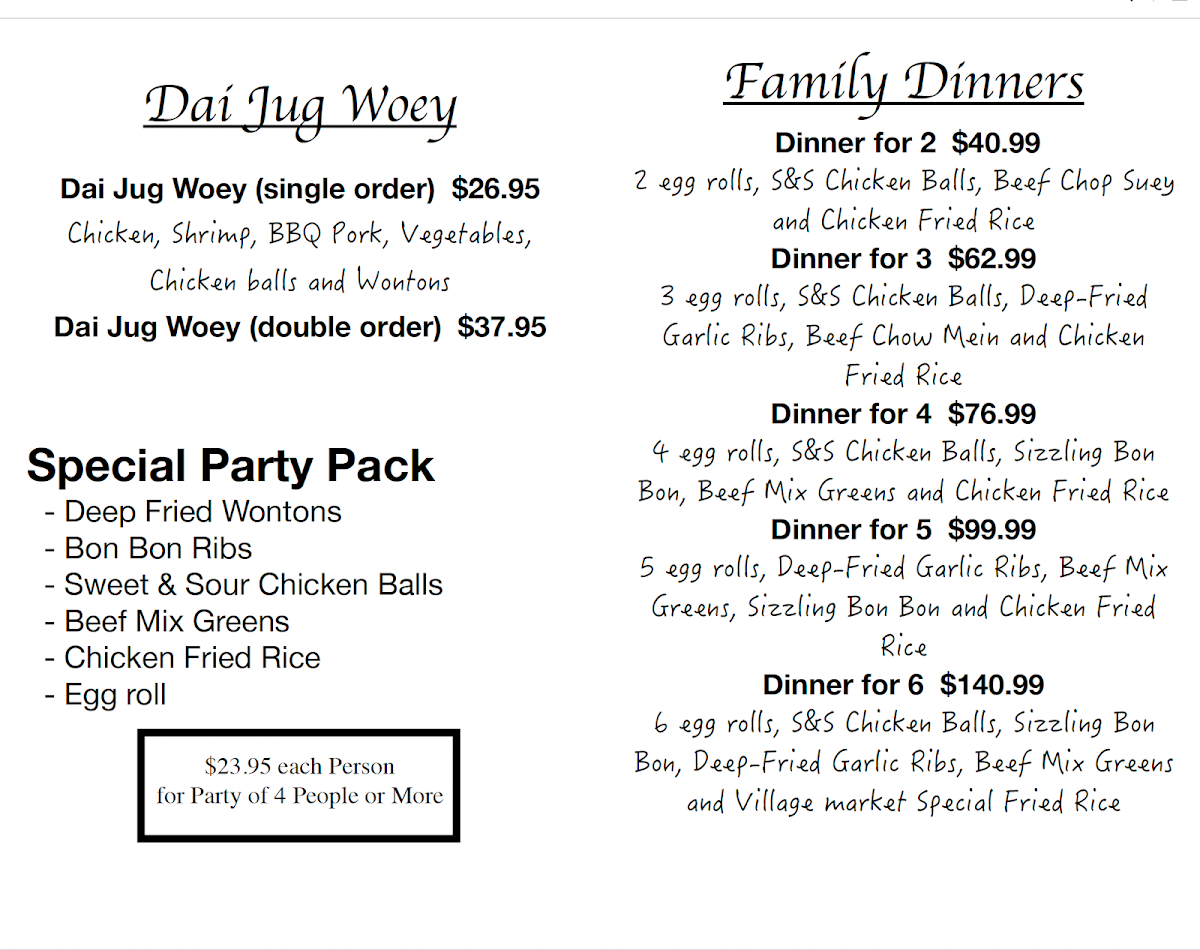 Menu, Village Market