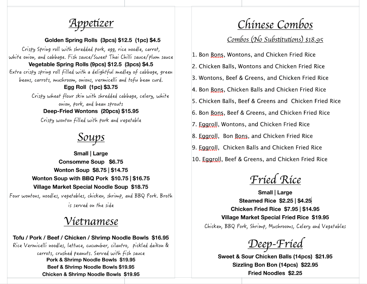 Menu, Village Market