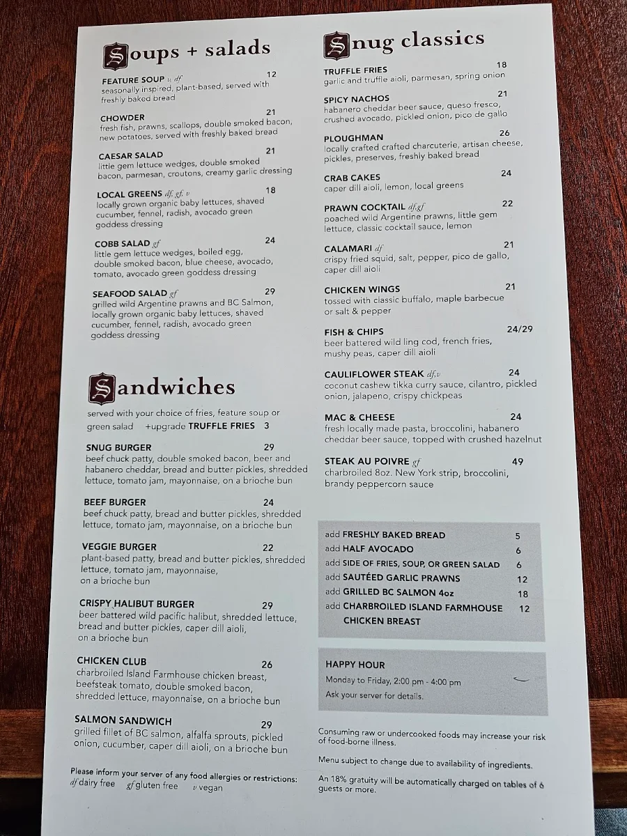 Menu, The Snug