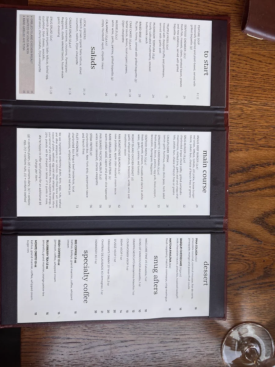 Menu, The Snug