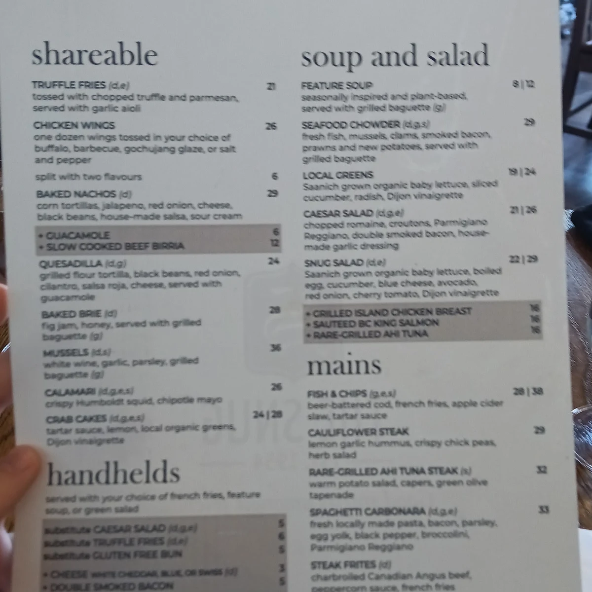 Menu, The Snug