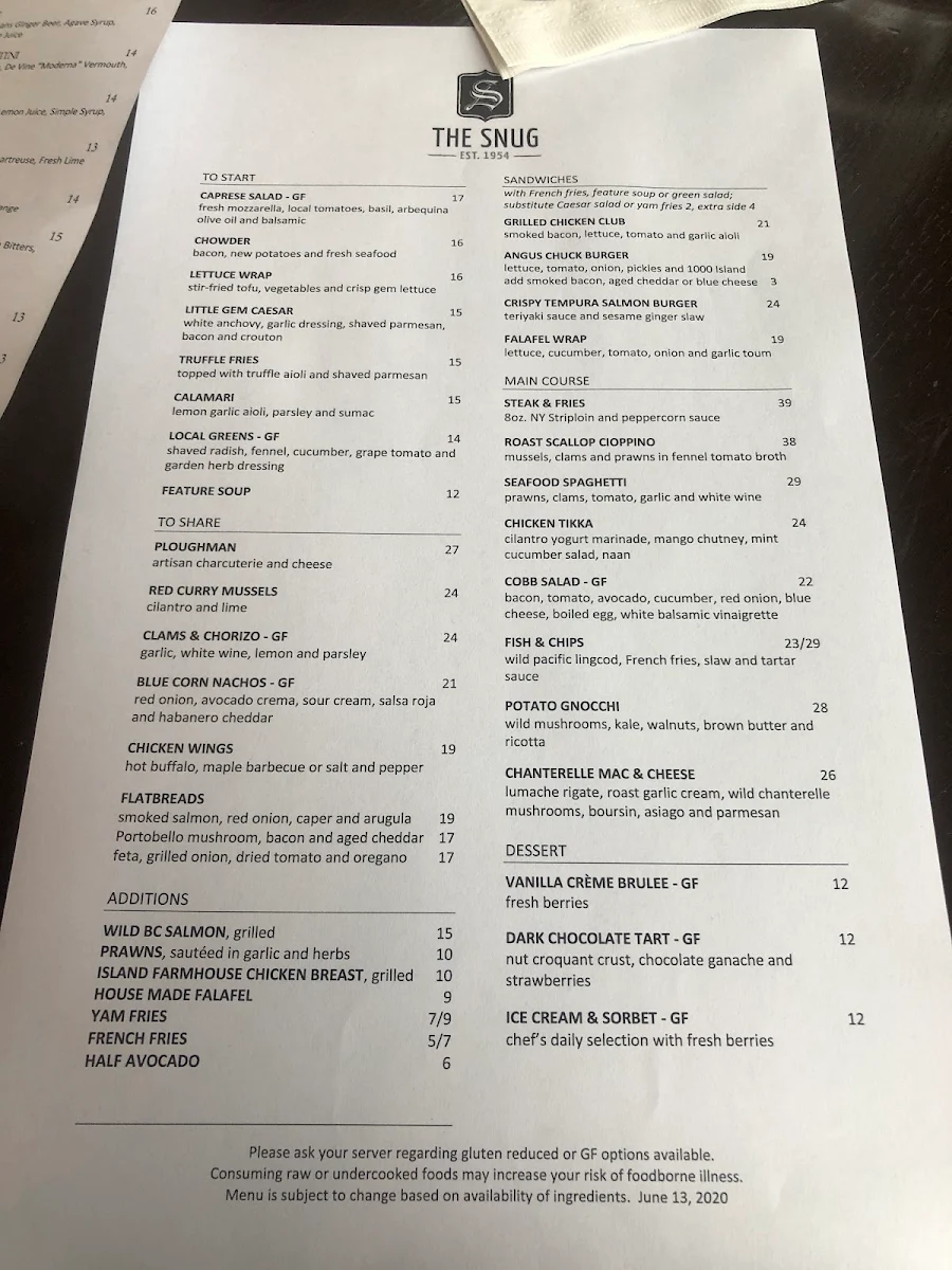 Menu, The Snug