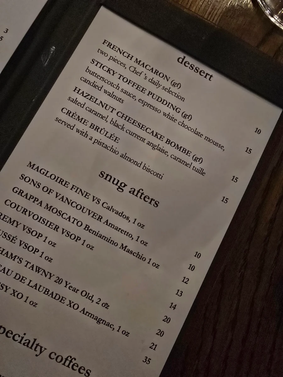 Menu, The Snug