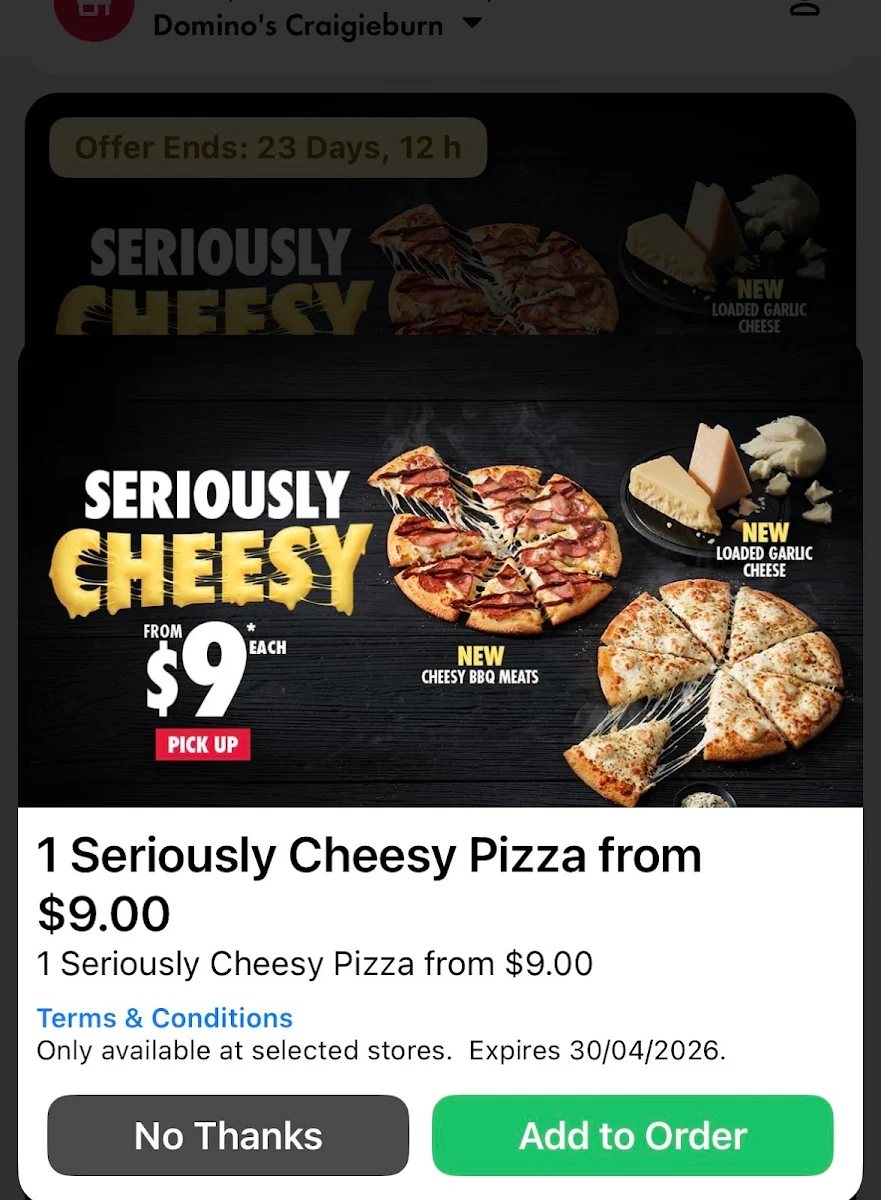 Menu, Domino's Pizza Craigieburn
