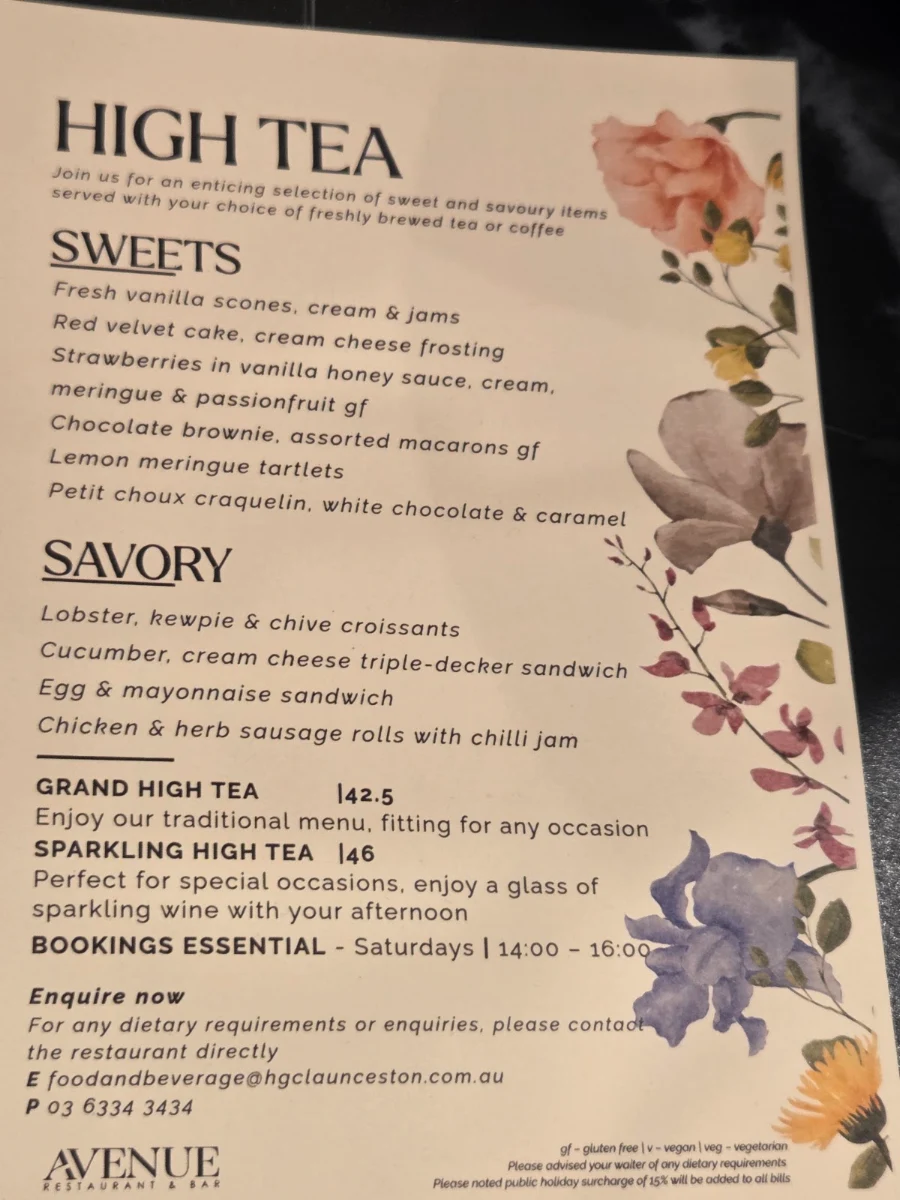 Menu, Avenue Restaurant & Lobby Bar