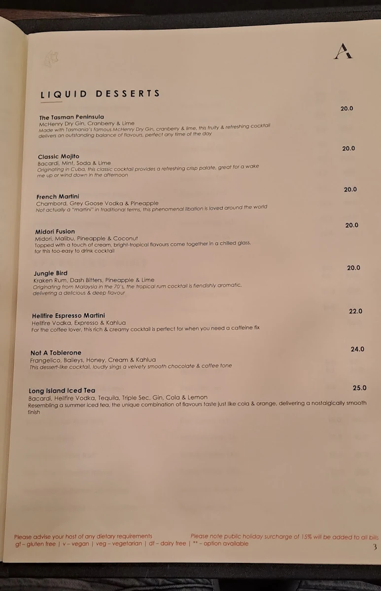 Menu, Avenue Restaurant & Lobby Bar