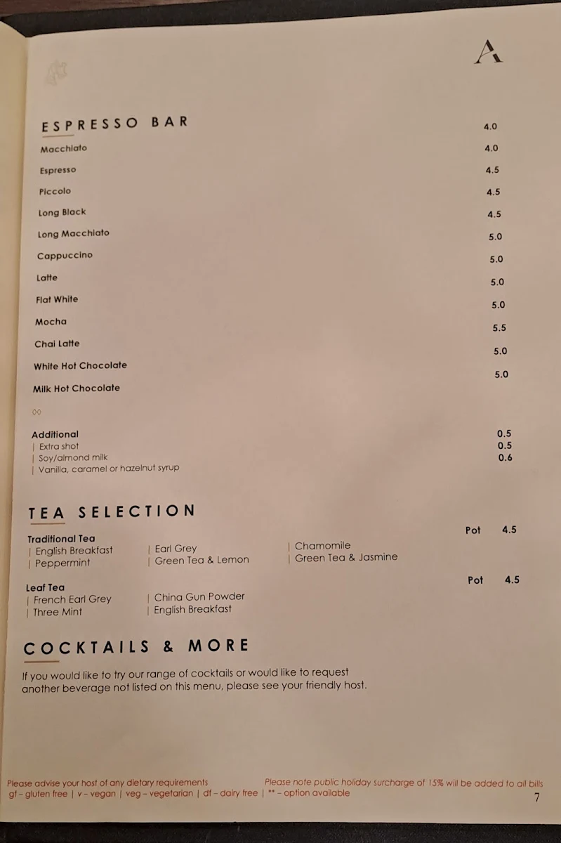 Menu, Avenue Restaurant & Lobby Bar