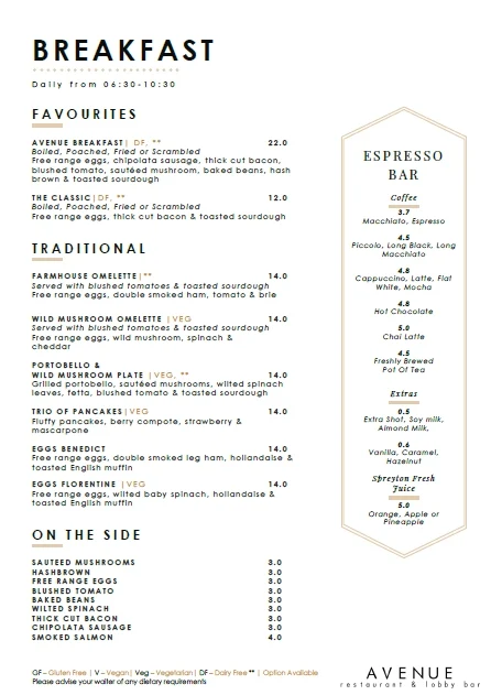 Menu, Avenue Restaurant & Lobby Bar