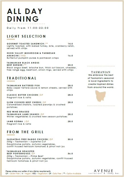 Menu, Avenue Restaurant & Lobby Bar