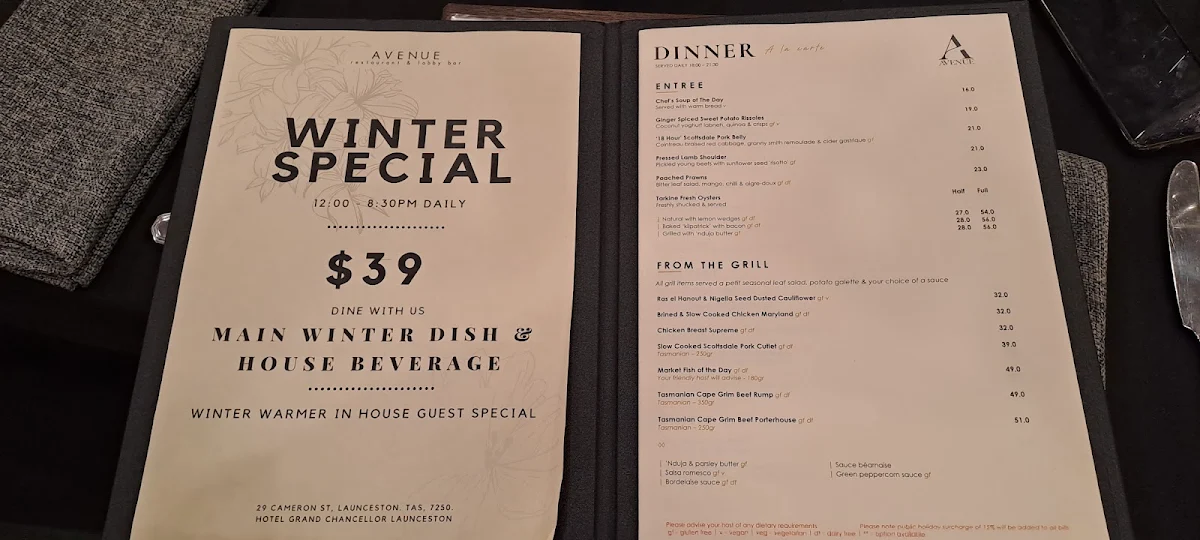 Menu, Avenue Restaurant & Lobby Bar