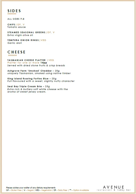 Menu, Avenue Restaurant & Lobby Bar