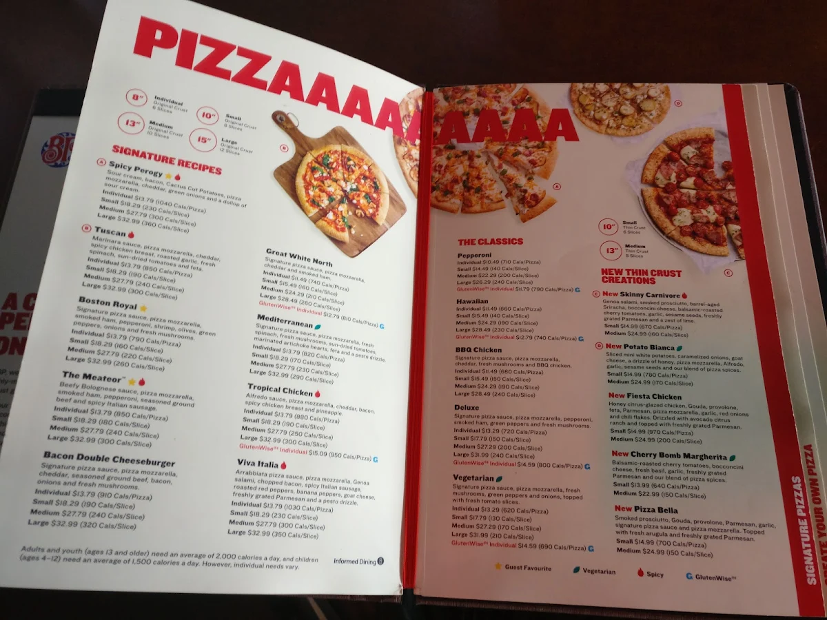 Menu, Boston Pizza