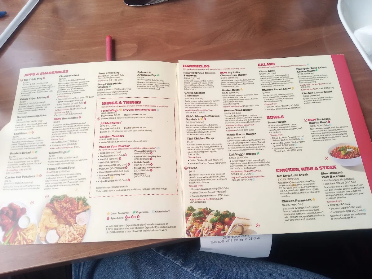 Menu, Boston Pizza