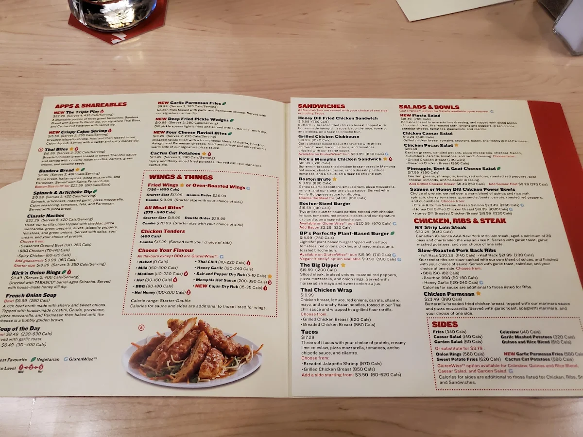 Menu, Boston Pizza